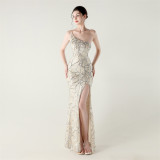 Women One Shoulder Beaded Sequin Embroidery Formal Party Prom Wedding Evening Dress