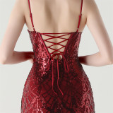 Women Beaded Tube Fishbone Lace-Up Sequin Formal Party Evening Dress