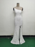 Women One Shoulder Beaded Sequin Embroidery Formal Party Prom Wedding Evening Dress