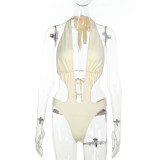 Women's Spring Swimming and Summer Fashion Beaded Hollow Halter Neck Bodysuit