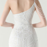 Women One Shoulder Beaded Sequin Embroidery Formal Party Prom Wedding Evening Dress