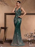 Women's Luxury Bridesmaid Party Long Elegant Deep V Sequin Embroidered Chic Formal Cocktail Evening Dress