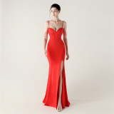 Women Fishbone Lace Sequin Wedding Fishtail Evening Dress