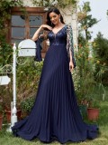 Women's Elegant Long Sleeve Split Sequin Patchwork Chic Cocktail Bridesmaid Evening Dress