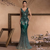 Women's Luxury Bridesmaid Party Long Elegant Deep V Sequin Embroidered Chic Formal Cocktail Evening Dress