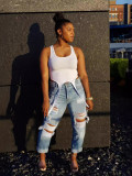 Women's Street Fashion High Waist Slim Fit Ripped Denim Pants