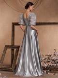 Women's Elegant Chic Sequin Patchwork U-Neck Short Sleeve Fishbone Cocktail Formal Evening Dress