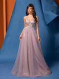 Women's Elegant A-Line Low Back Beaded Mesh Pink Sequin Strap Bridesmaid Formal Evening Dress