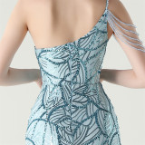 Women One Shoulder Beaded Sequin Embroidery Formal Party Prom Wedding Evening Dress