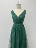 Women High Mesh Embroidered V-Neck Slit Evening Dress（Processing time need 3-6 days）