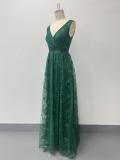 Women High Mesh Embroidered V-Neck Slit Evening Dress（Processing time need 3-6 days）