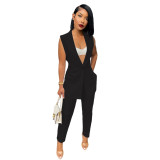 Women Casual Sleeveless Blazer and Pants Two Piece Set
