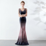 Women Gradient Color Crystal Diamond Chain Sexy Evening Dress