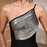 Women one shoulder black and silver slit dinner party bandage dress