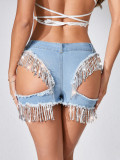 Women Tassel Sequin Hollow Sexy Ripped Denim Shorts