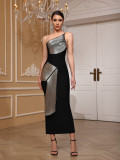 Women one shoulder black and silver slit dinner party bandage dress