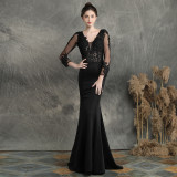 Women Beaded Long Sleeve Fishtail Evening Dress