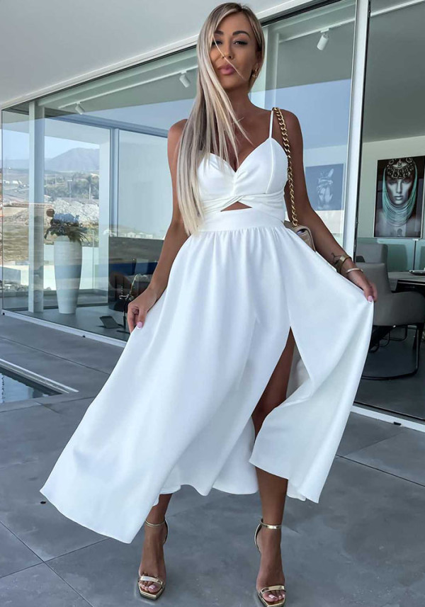 Women Summer V Neck Hollow Slit Suspender Dress