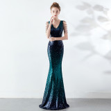 Women Gradient Color Crystal Diamond Chain Sexy Evening Dress