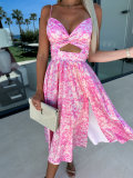 Women Summer V Neck Hollow Slit Suspender Dress