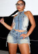 Women Sexy Rivet Zipper Stretchy Denim Top and ShortsTwo Piece Set