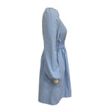 Women V Neck Pleated Long Sleeve Dress
