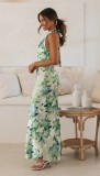 Women Sexy Lace-Up Halter Neck Lace Backless Print Maxi Dress