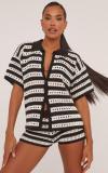Women Sexy Hollow See-Through Turndown Collar Top and Knitting ShortsTwo Piece Set