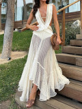 Women Summer Hollow Lace Tassel Patchwork Mesh Sleeveless Dress