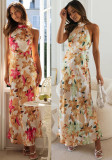 Women Sexy Lace-Up Halter Neck Lace Backless Print Maxi Dress