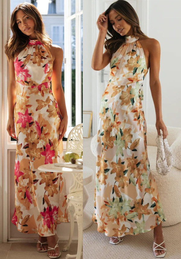 Women Sexy Lace-Up Halter Neck Lace Backless Print Maxi Dress