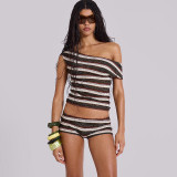 Women Summer Sexy Slash Shoulder Striped Top and Shorts Two Piece Set