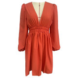 Women V Neck Pleated Long Sleeve Dress