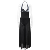 Women Spring Summer Sexy Mesh Patchwork Sleeveless Halter Neck Dress