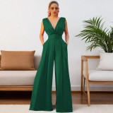 Women v-neck French wide-leg jumpsuit