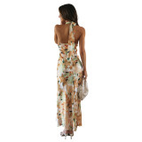 Women Sexy Lace-Up Halter Neck Lace Backless Print Maxi Dress