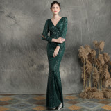 Women Formal Party Elegant Long Sleeve Sequin Fishtail Evening Dress