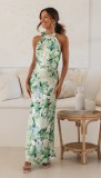 Women Sexy Lace-Up Halter Neck Lace Backless Print Maxi Dress