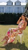 Women Sexy Lace-Up Halter Neck Lace Backless Print Maxi Dress
