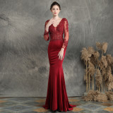 Women Beaded Long Sleeve Fishtail Evening Dress