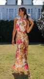 Women Sexy Lace-Up Halter Neck Lace Backless Print Maxi Dress