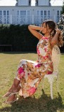 Women Sexy Lace-Up Halter Neck Lace Backless Print Maxi Dress