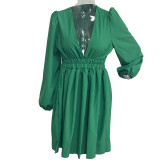 Women V Neck Pleated Long Sleeve Dress