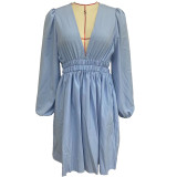 Women V Neck Pleated Long Sleeve Dress