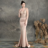 Women Beaded Long Sleeve Fishtail Evening Dress