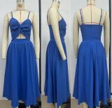 Women Summer V Neck Hollow Slit Suspender Dress