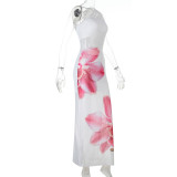 Women Mesh Slash Shoulder Bodycon Maxi Dress
