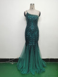 Sexy One Shoulder Sequins Mesh Patchwork Evening Dress