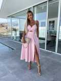 Women Summer V Neck Hollow Slit Suspender Dress