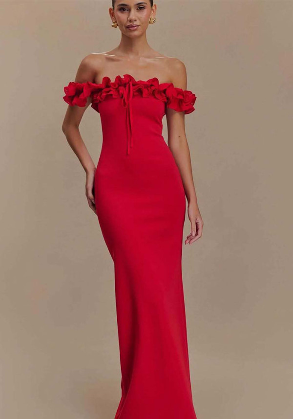Women Spring and Summer Ruffle Off Shoulder Bodycon Dress